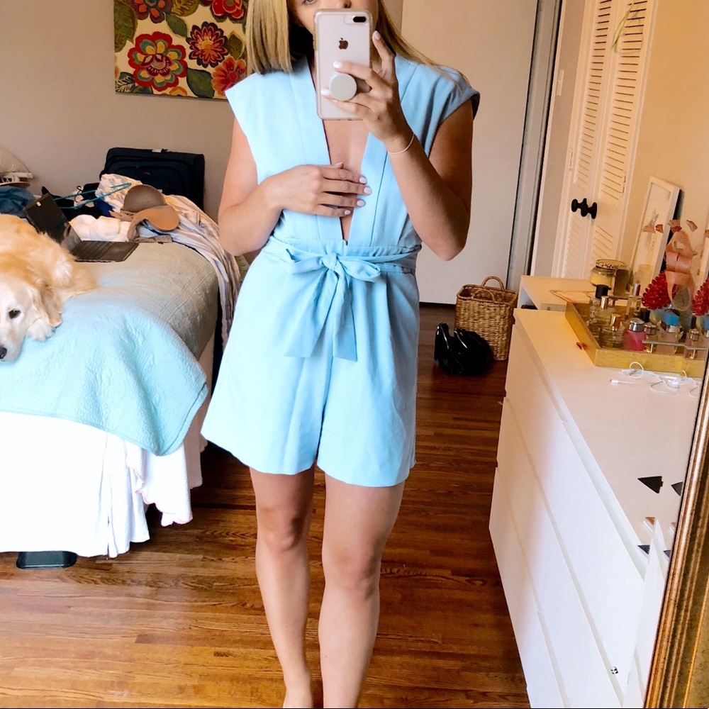 ASOS plunge vneck light blue romper with bow